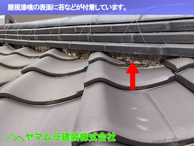 03東海市　漆喰塗り替え　屋根漆喰の表面に苔などが付着しています。