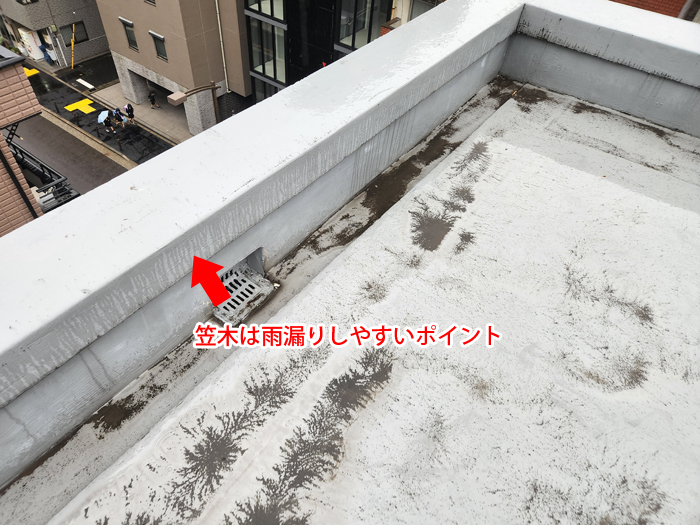 笠木と排水口付近の写真