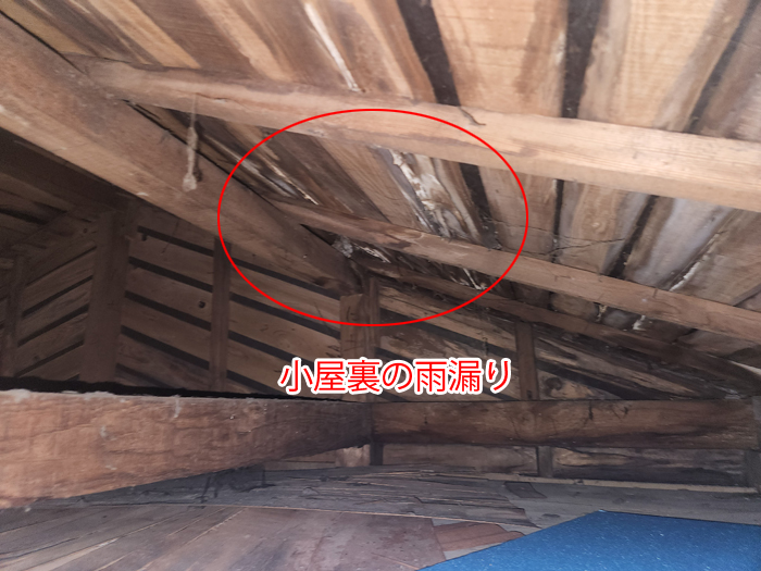 小屋裏の雨漏り跡が確認できる写真