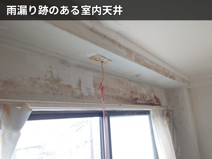 匝瑳市八日市場で雨漏り調査、陸屋根の防水面と室内天井に広がる雨染みを確認
