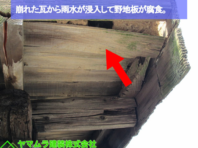 ０４名古屋市熱田区　和瓦　崩れた瓦から雨水が浸入