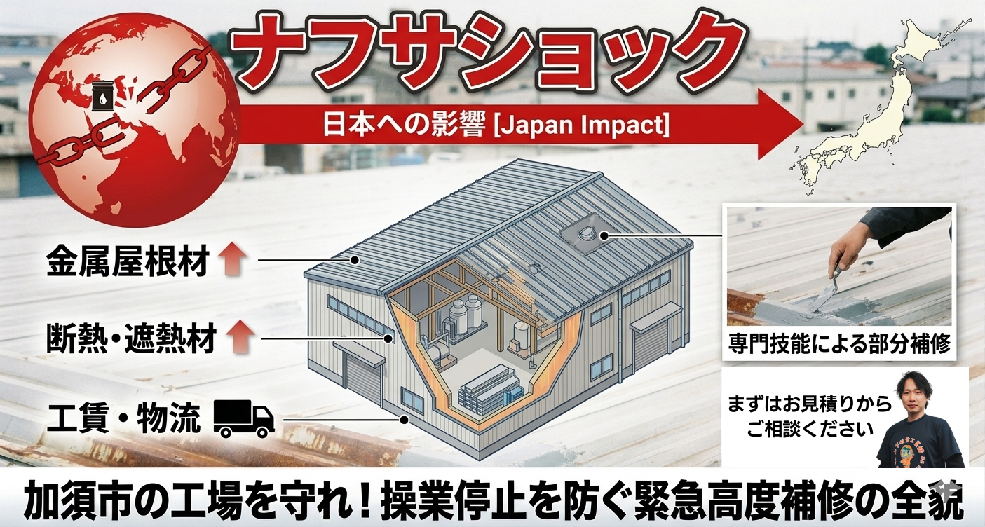 加須市｜周辺の工場・倉庫の屋根が修理できない？資材不足から操業停止を防ぐ「守りの雨漏り対策」