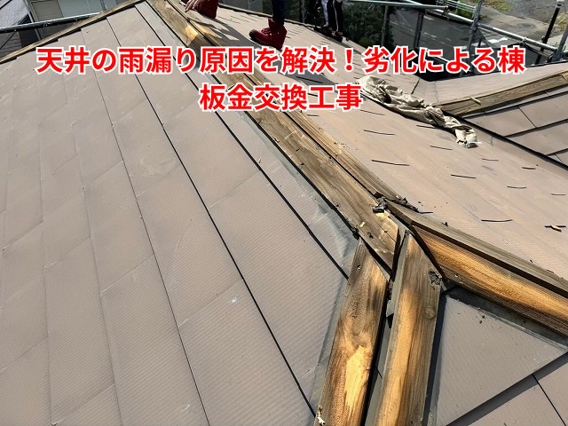 羽生市｜天井の雨漏り原因を解決！劣化による棟板金交換工事
