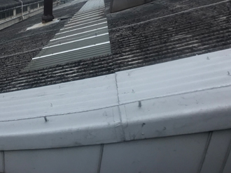 工場の屋根からの雨漏り　部分的に交換されている波板スレート