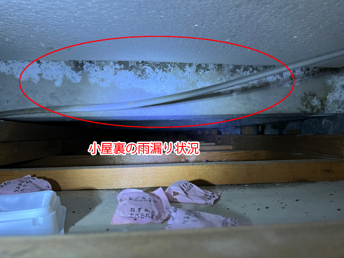 小屋裏の雨漏り状況写真