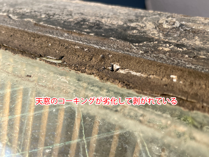 市川市須和田で雨漏りした天窓を調査、コーキングの剥がれと室内クロスの浮きを確認