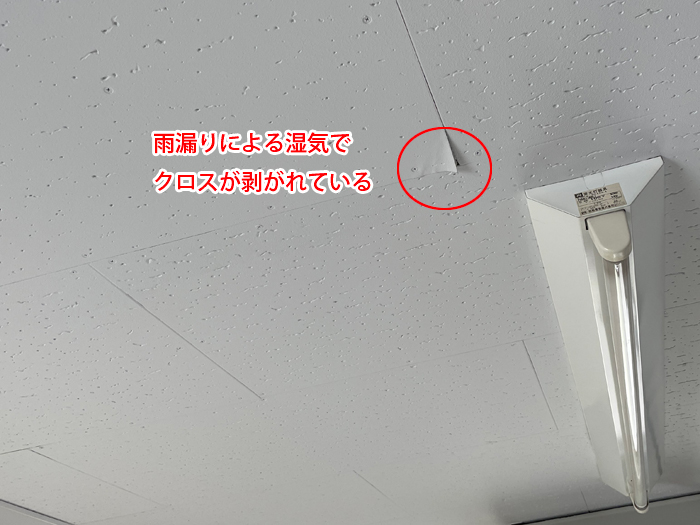 雨漏りによる湿気でクロスが剥がれている