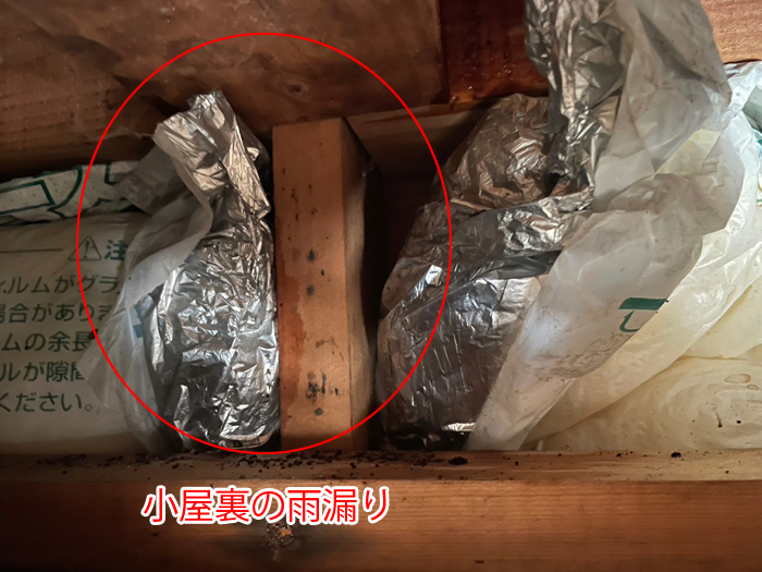 小屋裏での雨漏り状況