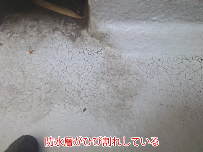 防水層のひび割れを確認