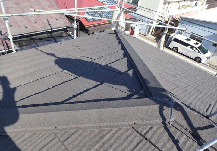 金属屋根材であるエコグラーニを使用して屋根葺き替え工事の施工が完了した屋根