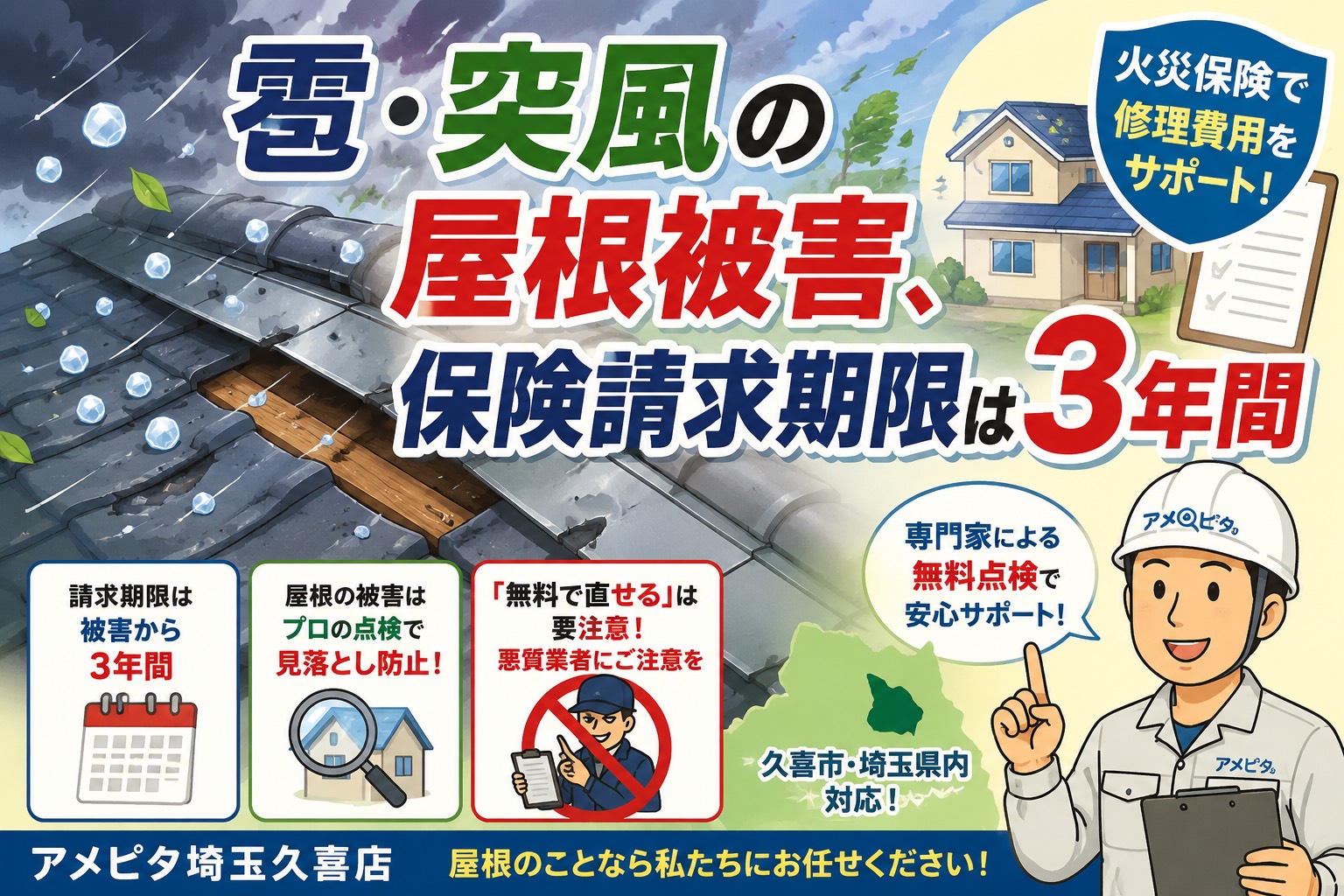 久喜市｜雹・突風の屋根被害、保険請求の期限は3年。忘れていませんか？