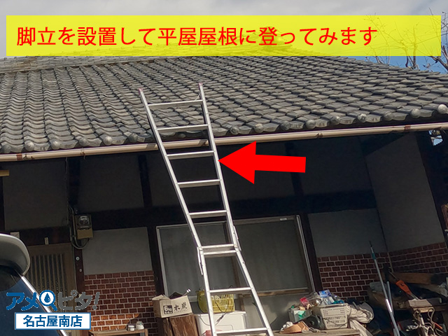 脚立を設置して屋根に登ります