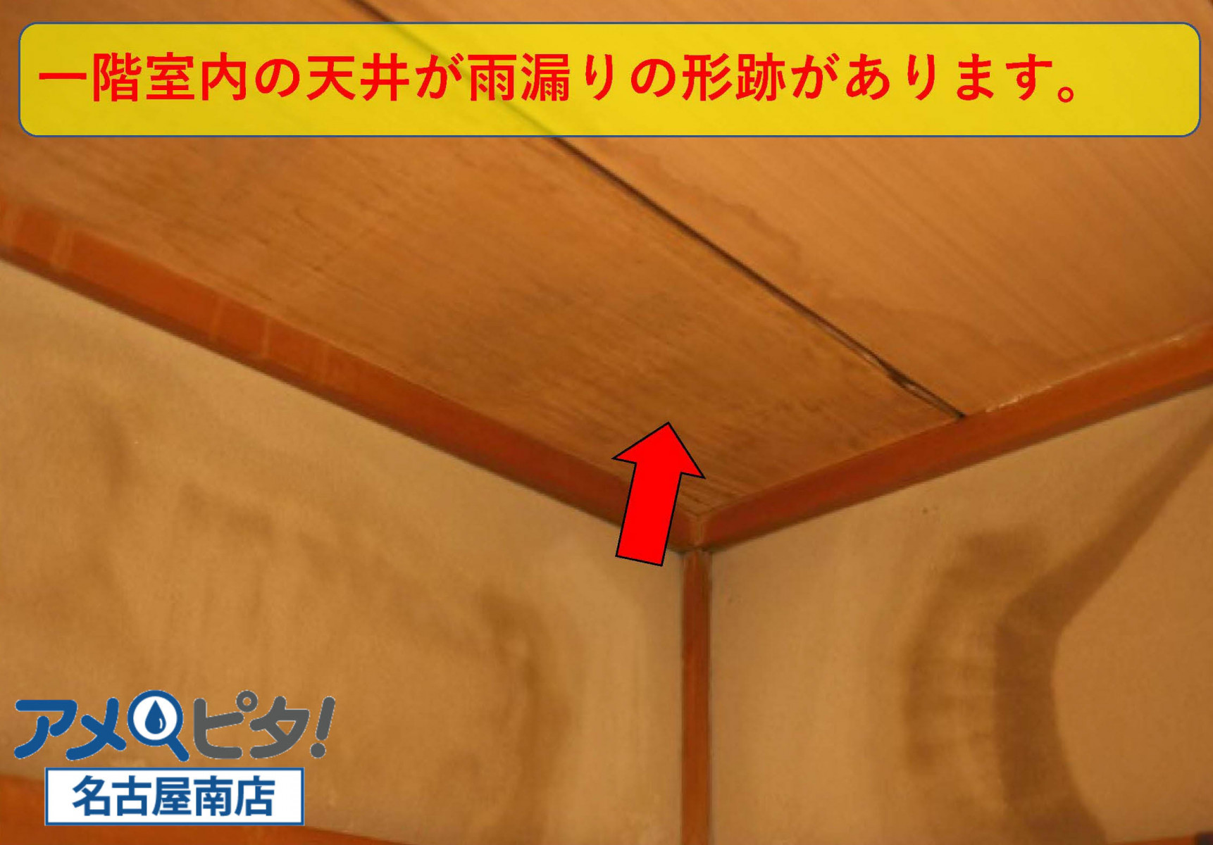 一回室内の天井と内壁に雨漏りの跡
