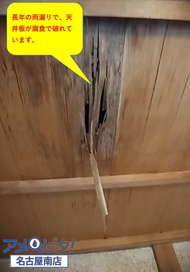 長年の雨漏りで天井板が穴が開いています