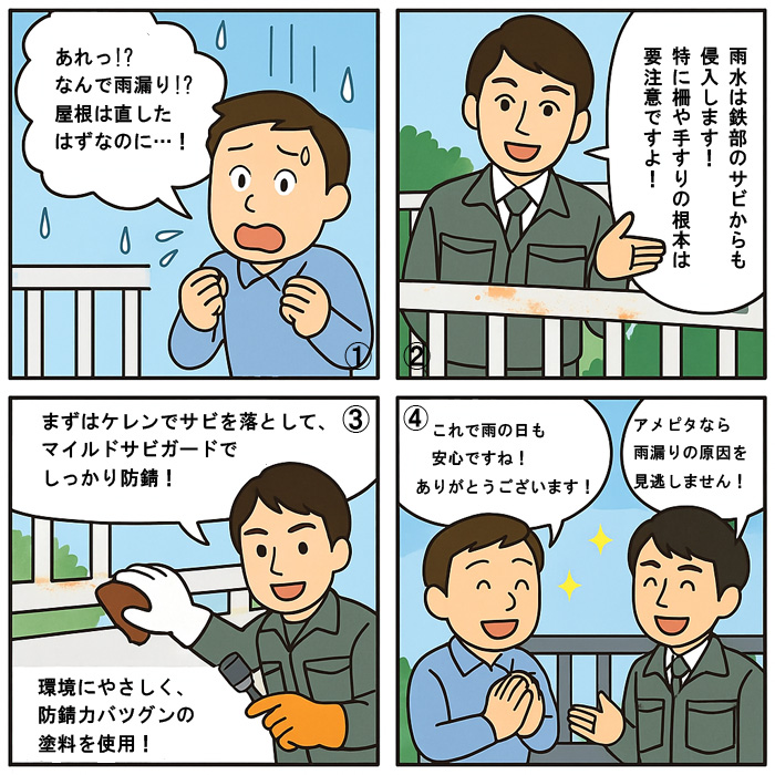 手すりのサビの雨漏り4コマ漫画
