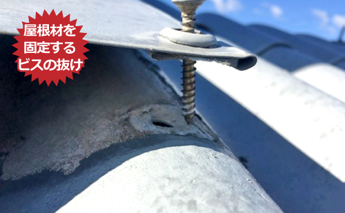 屋根材を固定するビスの抜け