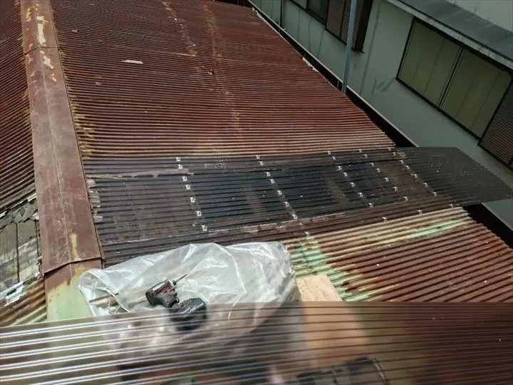 新規ポリカ波板を設置しビスで固定