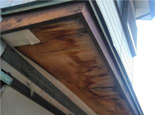 軒裏の薄いベニヤ板が水分を含んで腐食が進行している状態