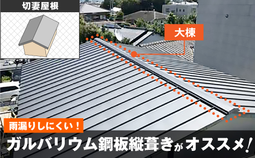 切妻屋根は雨漏りしにくい屋根の形状で、ガルバリウム鋼板縦葺きがおすすめです