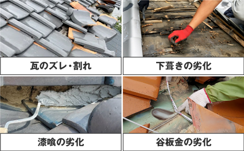 瓦屋根は瓦のズレ・割れ、下葺きの劣化、漆喰の劣化、谷板金の劣化に注意してください