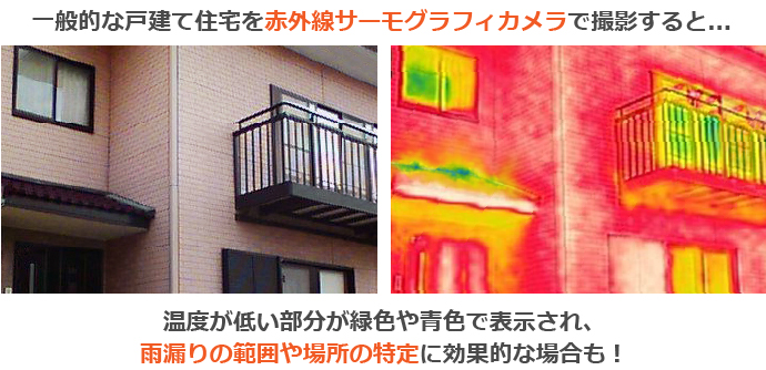 一般的な戸建て住宅を赤外線サーモグラフィカメラで撮影すると、温度が低い部分が緑色や青色で表示され、雨漏りの範囲や場所の特定に効果的な場合も！